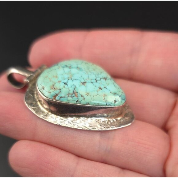 Vintage 925 Silver & Turquoise Pendant Southwestern Frame 13.8g Teardrop - Picture 3 of 11